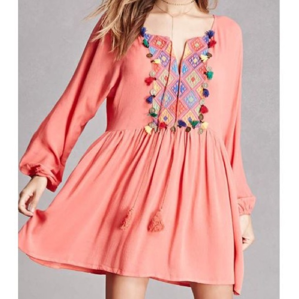Velzera NWT Coral Tassel Embroidered Peasant Dress